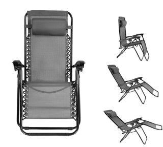 Leżak ogrodowy, plażowy, fotel składany z zagłówkiem szary