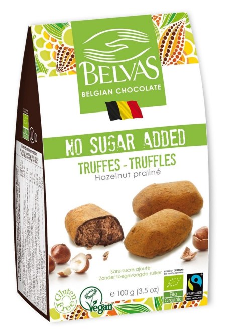 CZEKOLADKI BELGIJSKIE TRUFLE Z ORZECHAMI LASKOWYMI BEZ DODATKU CUKRÓW FAIR TRADE BEZGLUTENOWE BIO 100 g - BELVAS