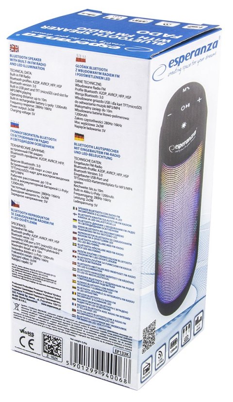 EP133K Esperanza głośnik bt fm led fado