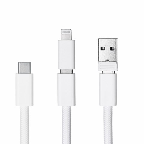 Activejet smycz z przewodem do ładowania 3w1 biała. Końcówki z różnymi złączami: USB-C, Adapter Lightning, USB-A.