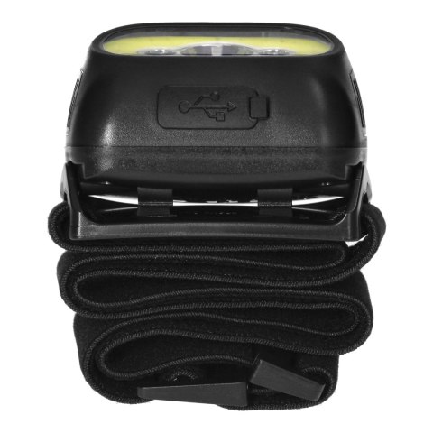 Latarka czołowa COB LED z czujnikiem ruchu, akumulatorowa, czarna