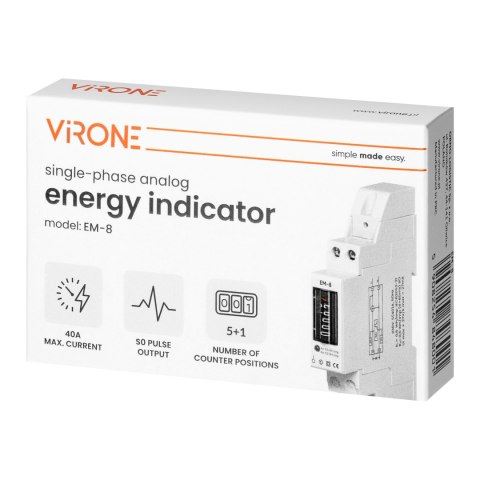 1-fazowy analogowy wskaźnik zużycia energii elektrycznej, 40A, 1 moduł, DIN TH-35mm