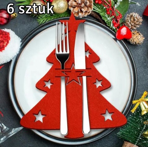 BQ86A Kieszonki na sztućce 6szt choinka czerwona