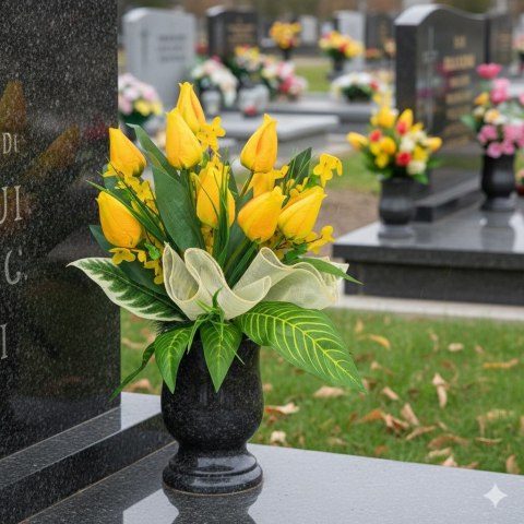 BUKIET WKŁAD DO WAZONU KWIATY TULIPANY NA CMENTARZ GRÓB POMNIK WZÓR WIOSENNY