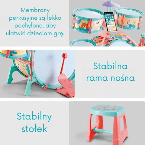 WOOPIE Perkusja Edukacyjna dla Dzieci 5 Bębnów 1 Talerz + Taboret z Motywem Zwierzątek