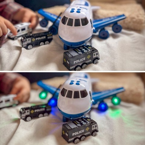 WOOPIE Samolot Rozkładany Transporter Policja z 3 Autami Policyjnymi Zestaw XL Znaki Drogowe