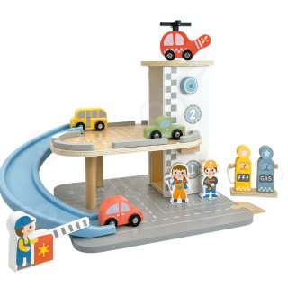 WOOPIE GREEN Drewniany Parking Piętrowy 2w1 Stacja Benzynowa z Autkami i Figurkami 12 el. FSC