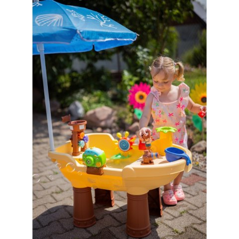 WOOPIE Stolik Wodny 2w1 Piaskownica Statek Piracki z Parasolem XL z Maszyna do Robienia Baniek Mydlanych