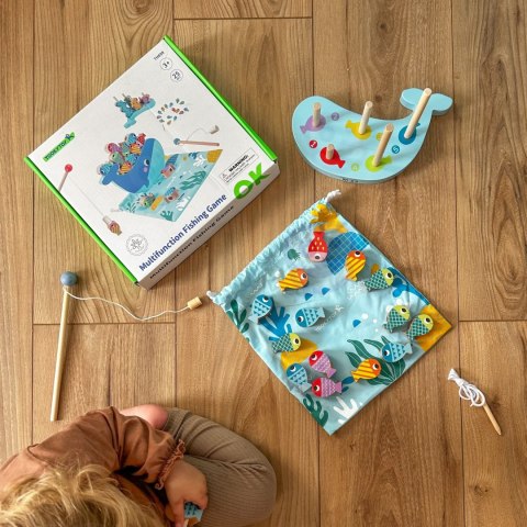 TOOKY TOY Drewniana Gra Wieloryb i Rybki Wielofunkcyjna 4 w 1