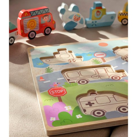 TOOKY TOY Drewniane Puzzle Montessori Pojazdy Samochody Samolot Statek Miasto Dopasuj Kształty