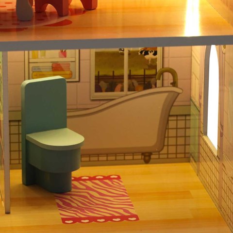 Domek dla lalek drewniany MDF mebelki 70cm różowy LED