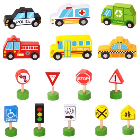 WOOPIE GREEN Zestaw Drewnianych Pojazdów i Znaków Drogowych 15 el.