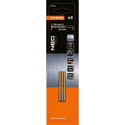 Wiertła do metalu HSS-TiN 2.4 mm, 3 szt.