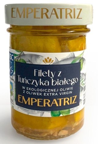 TUŃCZYK BIAŁY FILETY MSC W BIO OLIWIE Z OLIWEK EXTRA VIRGIN 180 g (120 g) (SŁOIK) - EMPERATRIZ