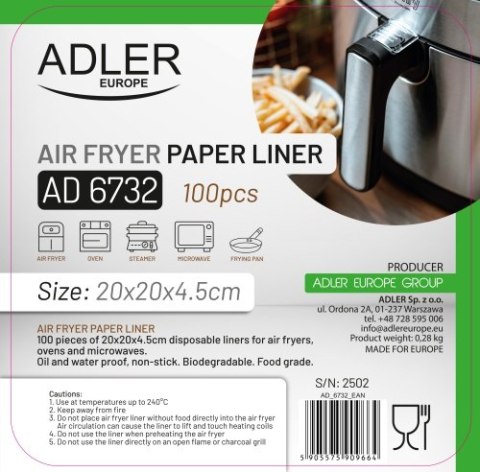 AD 6732 Papierowe wkłady do frytkownicy powietrznej | 100 szt. | 20 cm | do 240°c | biodegradowalne