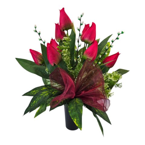 Bukiet flakon wiosenny stroik na cmentarz kompozycja kwiatowa tulipany