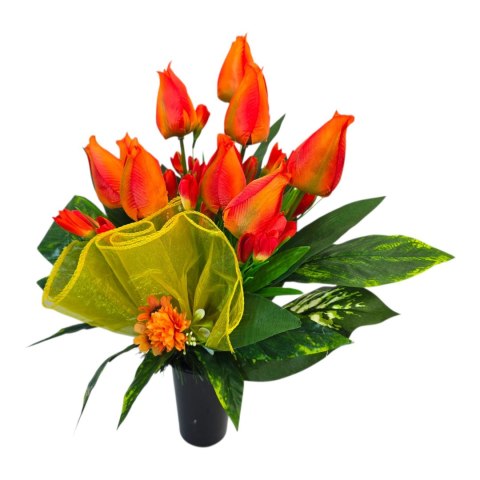 Bukiet flakon wiosenny stroik na cmentarz kompozycja kwiatowa tulipany