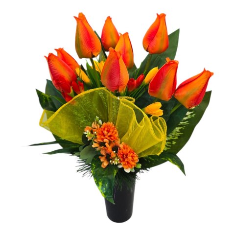 Bukiet flakon wiosenny stroik na cmentarz kompozycja kwiatowa tulipany