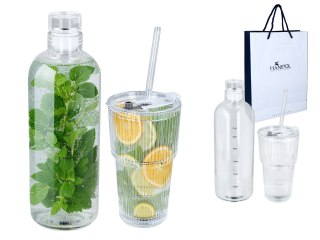 Kpl. Szklanka ze słomką i przykrywką oraz szklana butelka.