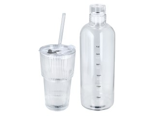 Kpl. Szklanka ze słomką i przykrywką oraz szklana butelka.