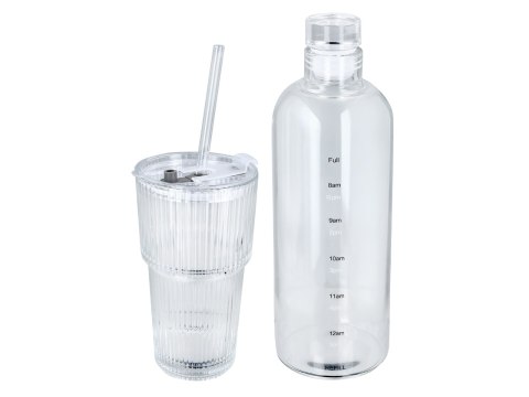 Kpl. Szklanka ze słomką i przykrywką oraz szklana butelka.