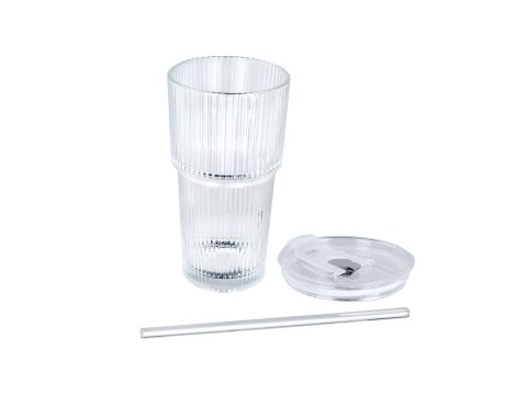 Kpl. Szklanka ze słomką i przykrywką oraz szklana butelka.