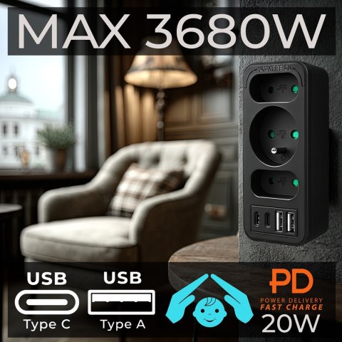 MACLEAN GNIAZDKO PRĄDOWE X3 + 4XUSB, ROZGAŁĘŹNIK Z 3 GNIAZDAMI, 2XUSB A, 2XUSB C PD 20W, 1X16A + 2X6A MCE248 F/B