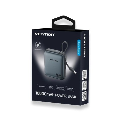 Powerbank Vention 10000mAh 35W PD z wbudowanym kablem USB-C szary