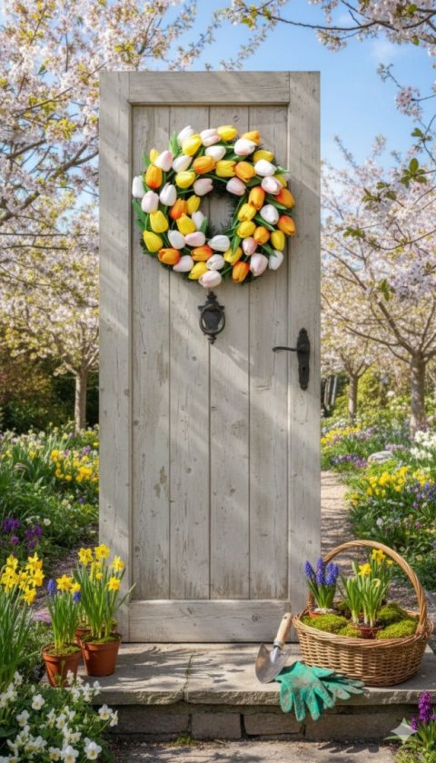 Premium wiosenny wianek na drzwi tulipany stroik dekoracja domu