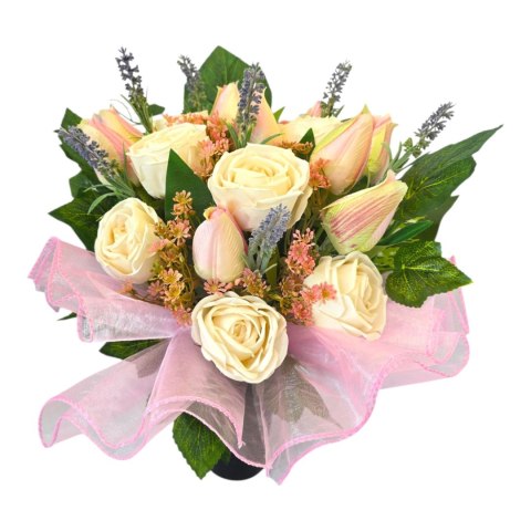 Bukiet stroik na cmentarz tulipany róże wiosenna kompozycja na grób