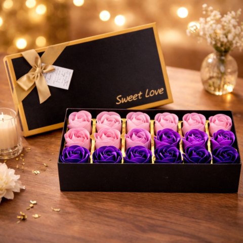 Flower Box Wieczne Pachnące Róże Kwiaty w Pudełku Fioletowe 18 szt.