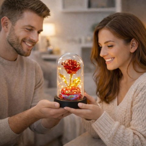 Wieczna Róża Kryształowa w Kopule z Oświetleniem LED z Serduszkiem 14x8cm