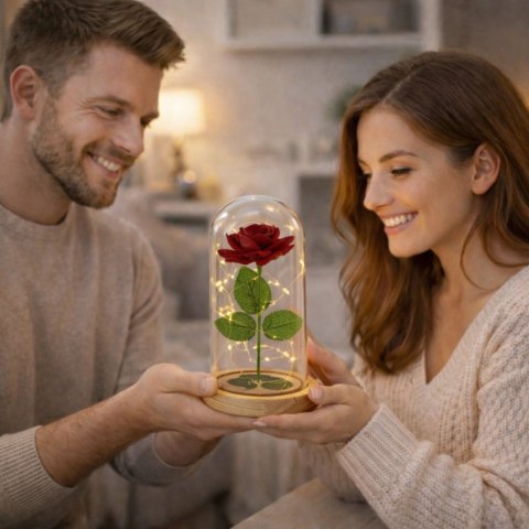 Wieczna Róża W Szkle Kopuła Oświetlenie LED Czerwona 21x11cm