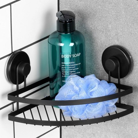 Półka pod prysznic metalowa czarna na przyssawki narożna 24x18x12,5 cm