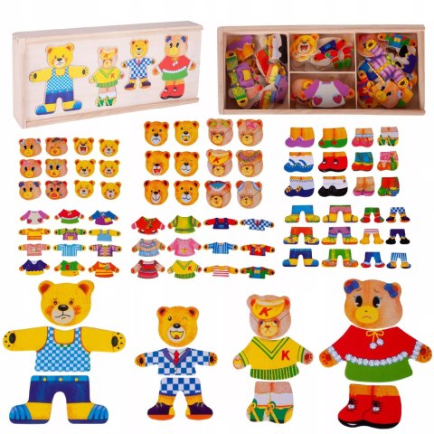 Drewniana układanka misie skrzynka klocki 74 el puzzle