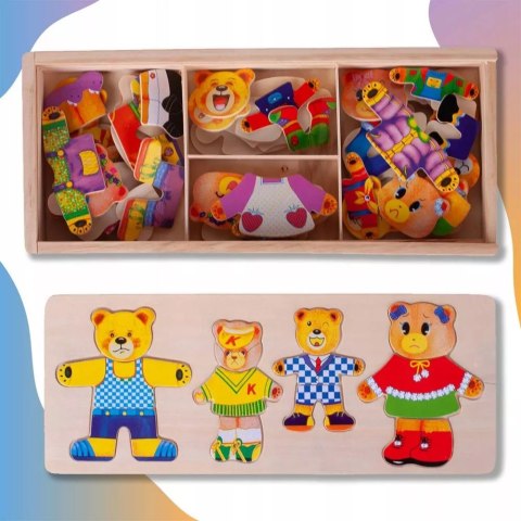 Drewniana układanka misie skrzynka klocki 74 el puzzle