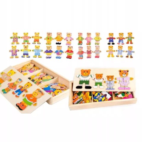 Drewniana układanka misie skrzynka klocki 74 el puzzle