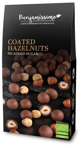 ORZECHY LASKOWE W CZEKOLADZIE PRALINOWEJ BEZ DODATKU CUKRÓW BEZGLUTENOWE BIO 60 g - BENJAMISSIMO