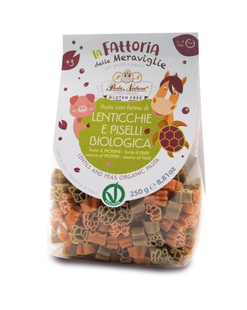 MAKARON (Z SOCZEWICY, GROSZKU ZIELONEGO I RYŻU) DLA DZIECI ZWIERZĘTA FARMA BEZGLUTENOWY BIO 250 g - PASTA NATURA