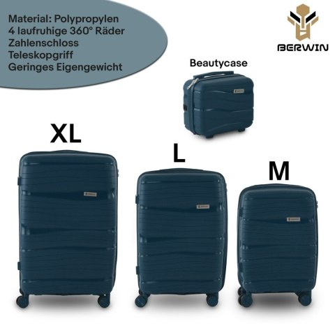 Zestaw walizek BERWIN Torna 4w1 twarde walizki na kółkach + kosmetyczka OCEAN Petrol