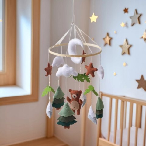 Karuzelka do Łóżeczka Dziecięcego Boho Naturalne Drewno z pałąkiem Bear