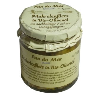 MAKRELA FILETY W BIO OLIWIE Z OLIWEK EXTRA VIRGIN 220 g (154 g) (SŁOIK) - PAN DO MAR