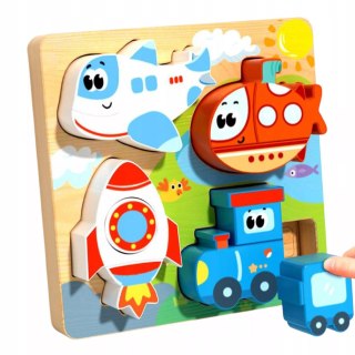 Drewniana układanka puzzle pojazdy dla dzieci 18m+ samolot rakieta pociąg