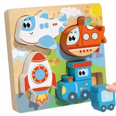 Drewniana układanka puzzle pojazdy dla dzieci 18m+ samolot rakieta pociąg