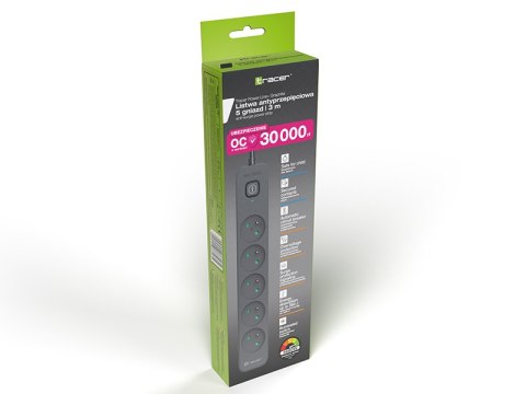 Listwa zasilająca antyprzepięciowa TRACER Power Line+ 3,0 m Graphite (5 gniazd)
