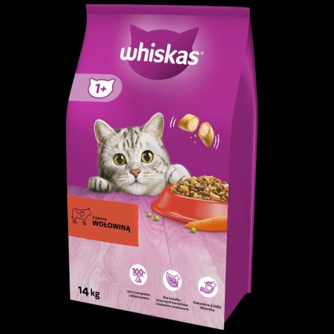 WHISKAS Karma Sucha Dla Kota 1+ Z Wołowiną 14kg