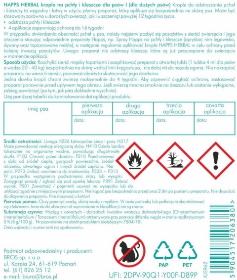 Bros Happs Herbal Krople Na Pchły I Kleszcze Dla Dużych Psów 4 Tubki