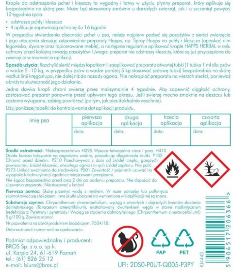 Bros Happs Herbal Krople Na Pchły I Kleszcze Dla Małych Psów 4 Tubki