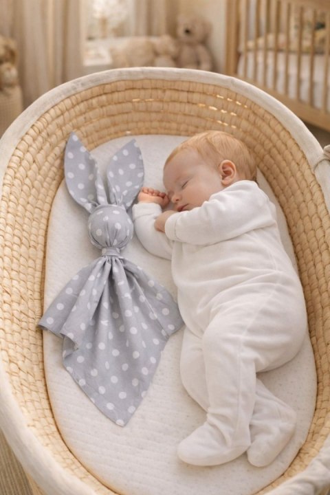 Miękka przytulanka DOUDOU kocyk króliczek z bawełny - Grochy na szarym