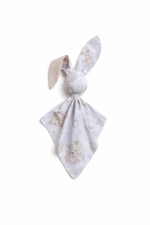 Miękka przytulanka DOUDOU kocyk króliczek z bawełny - Beżowy miś na tęczy / beż